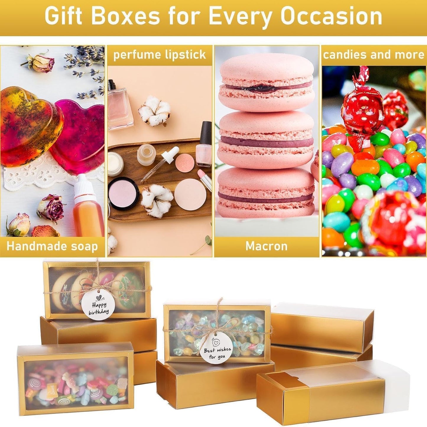 Roowest 50 Sets Kraft Soap Boxes Rectangle Packaging Box with Window Homemade Gift Box with Blank Tags and Jute String for Jewelry Candy Wrapping Party Favor(6.3 x 3.5 x 2 Inch,Gold)