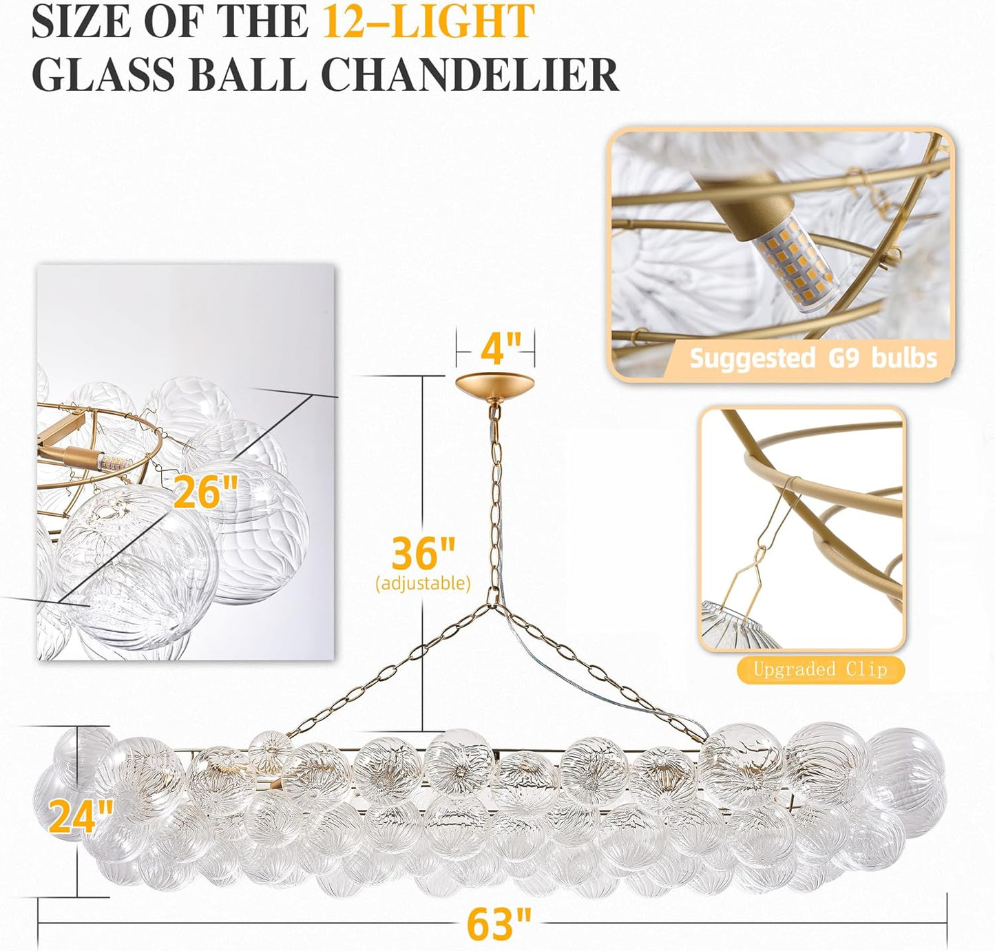 Nordic Bubble Ball Swirled Glass Chandelier, 62 inch Long Rectangular Chandeliers Island Light Fixture for Dining Table Living Room