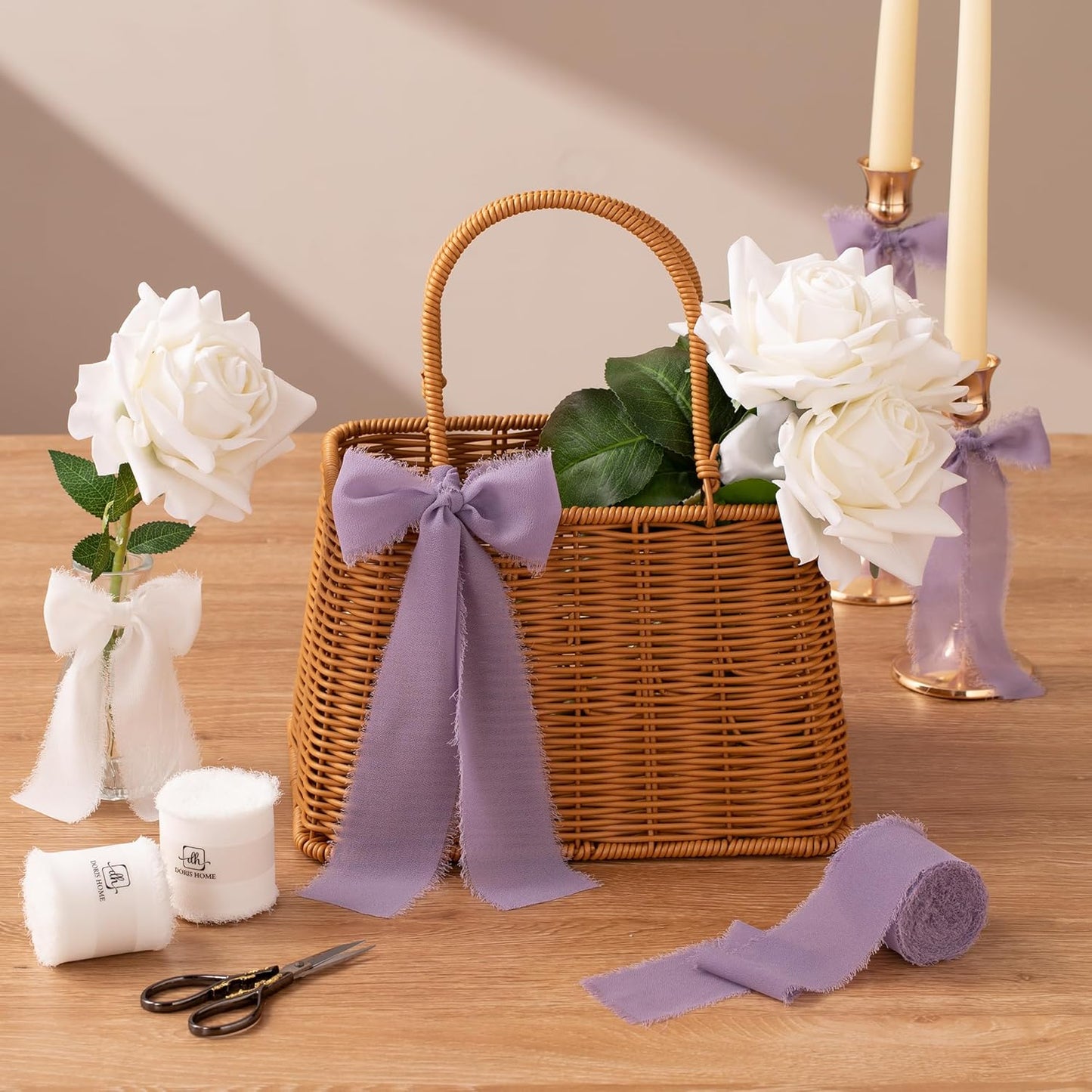 DORIS HOME 2" x21Yd Chiffon Ribbon for Flower Bouquet, Purple & Ivory Fabric Ribbon for Gift Wrapping, Handmade Frayed Ribbon for Wedding, Chiffon Silk Ribbon for Christmas Decorations