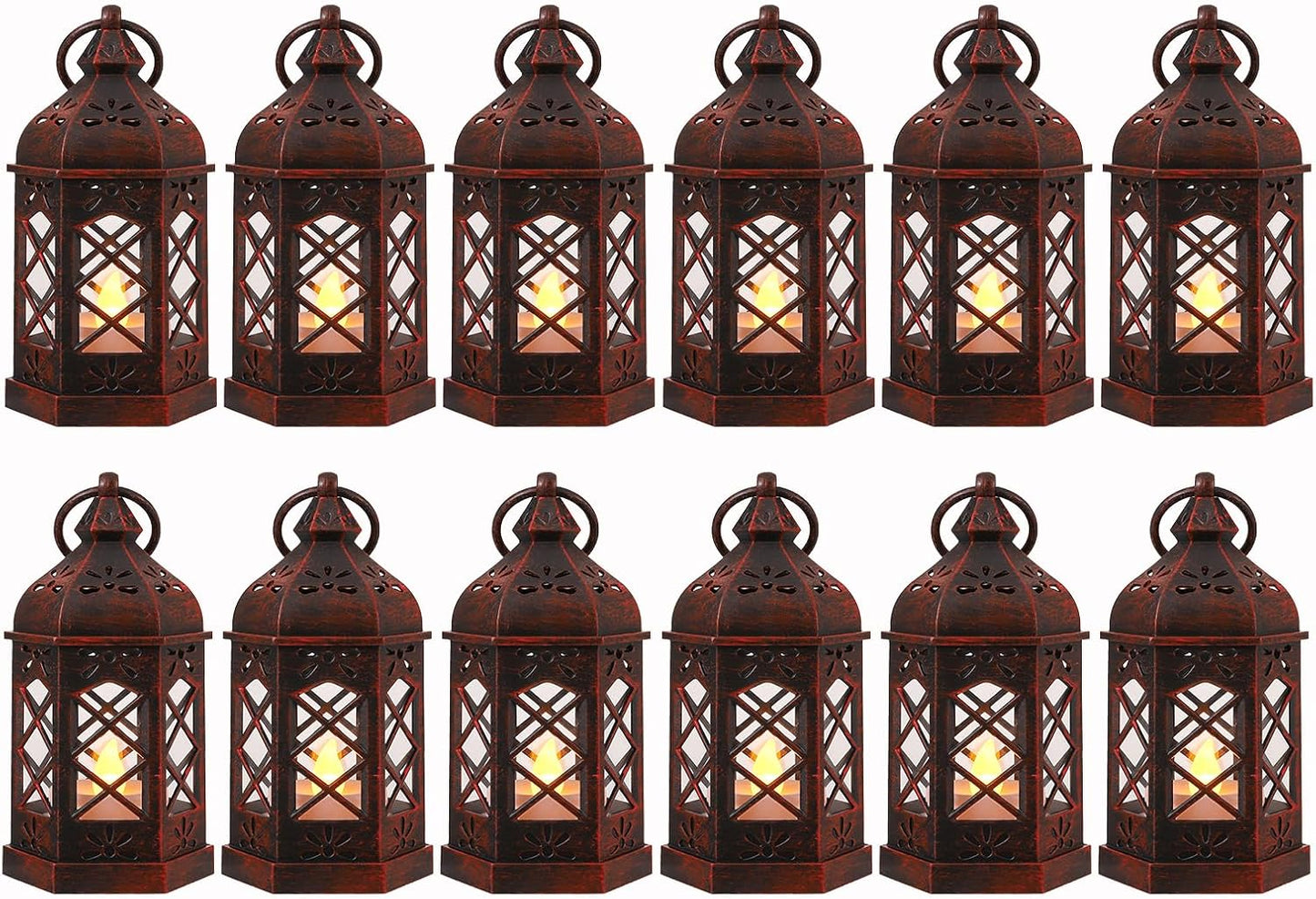 LLQ 12PCS Brushed Red Mini Lantern with LED Tealight for Halloween Decorations, Small Moroccan Lanterns for Wedding Decor, Vintage Christmas Lights for Table Centerpiece, Hanging Ornaments Bulk