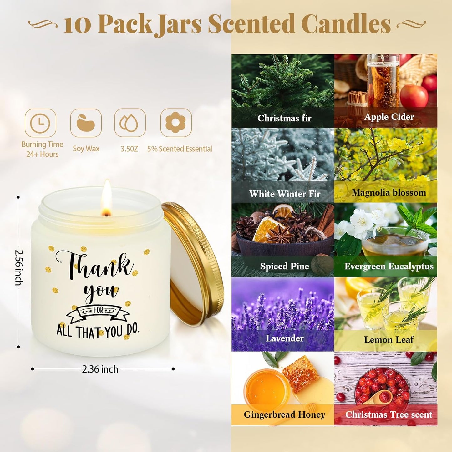 Roowest 10 Jars Thank You Gift Candles 3.5 oz Employee Appreciation Gifts Bulk Soy Wax Jar Inspirational Candle Thank You Gifts for Coworkers Employee Women Secretaries Teacher(Elegant)