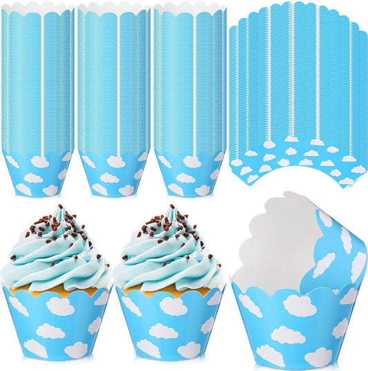 Domensi 100 Pcs Sky Clouds Blue Party Cupcake Wrappers Cloud Cupcake Liners Baking Cups Baking Liners for Spring Summer Wedding Bridal Baby Shower Birthday Party Supplies Dessert Decoration