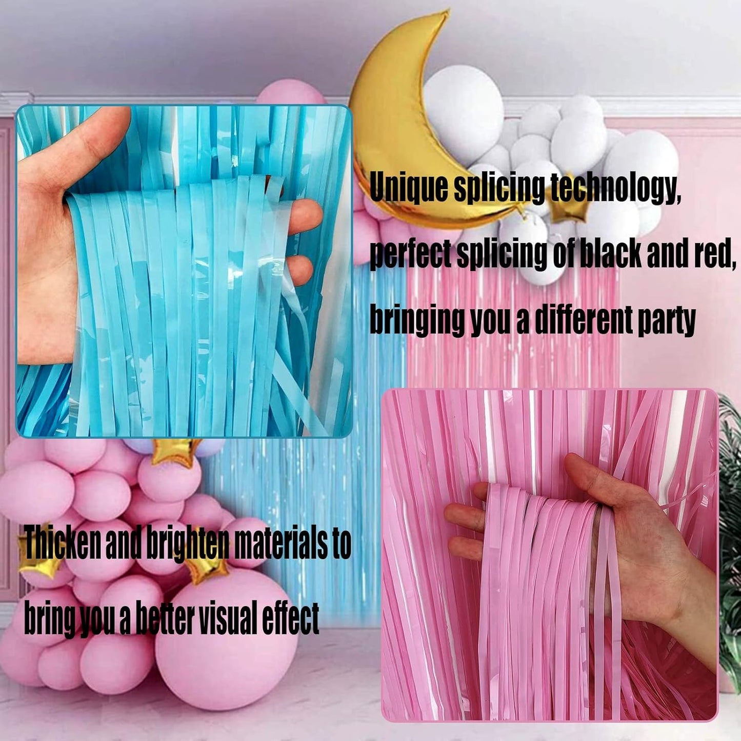 4 Pack Macaron Pink Blue Foil Fringe Curtain Backdrop, 3.28Ft x 8.2Ft Metallic Tinsel Foil Fringe Streamers for Photo Booth, Wedding Gender Reveal Backdrop Boy or Girl Birthday Party Decoration