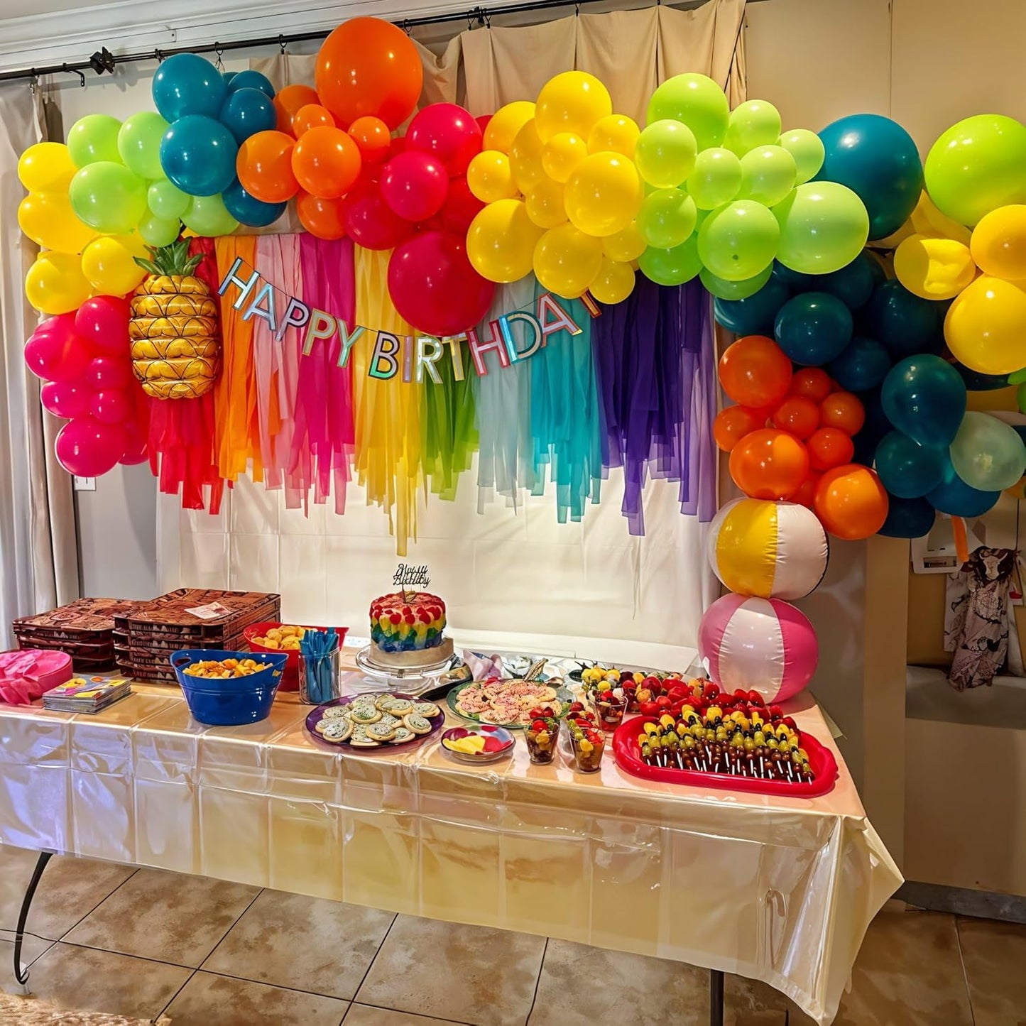 Hawaii Balloons Set, Pack of 60 12 Inch Hot Pink Orange Blue Light Green Yellow Neon Rainbow Latex Balloon for Summer Tropical Flamingo Luau Beach Aloha Baby Shower Birthday Party Decorations Supplies