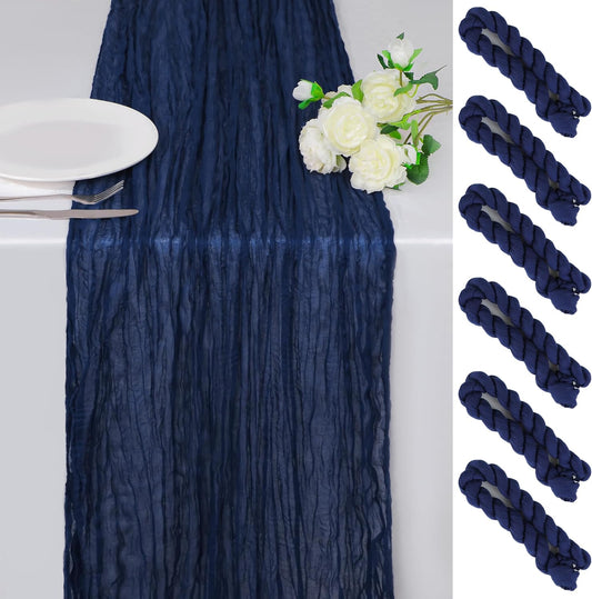 Snowkingdom 6PCS 13Ft Navy Blue Cheesecloth Table Runner, 160inch Long Cheese Cloth Boho Gauze Runner for Wedding Bridal Baby Shower Birthday Holiday Party Sheer Table Decorations