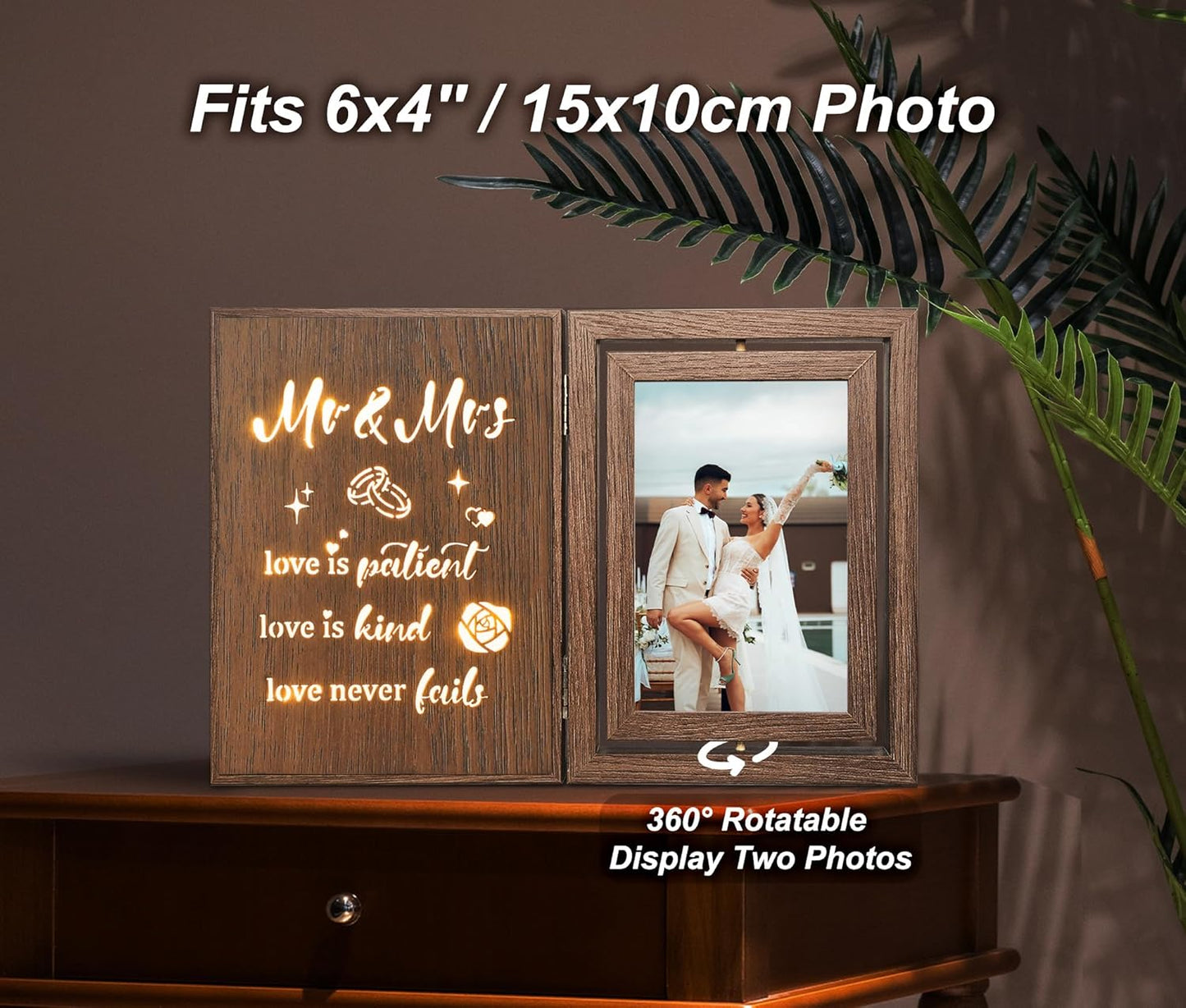 Light Up Wedding Picture Frame for Couples – Wooden Rotating Glowing 4x6 Double Photo Frame with MR & MRS Quote, Rustic Wedding Gifts for Newlyweds & Bridal Shower Gifts