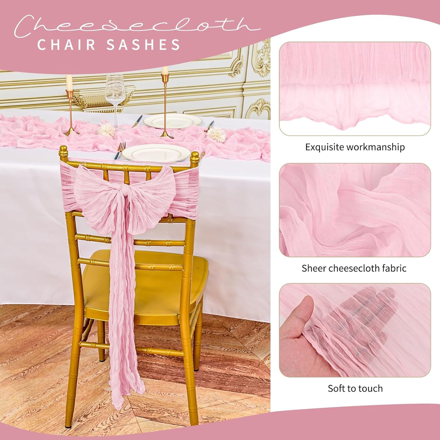 50 PCS Cheesecloth Chair Sashes, Bows Designed ChairSashes, 15.7x108 inch Chair Sashes for Aisle Decorations Universal Chairs Cover Decoration for Wedding Reception Party Banquet (Light Pink)