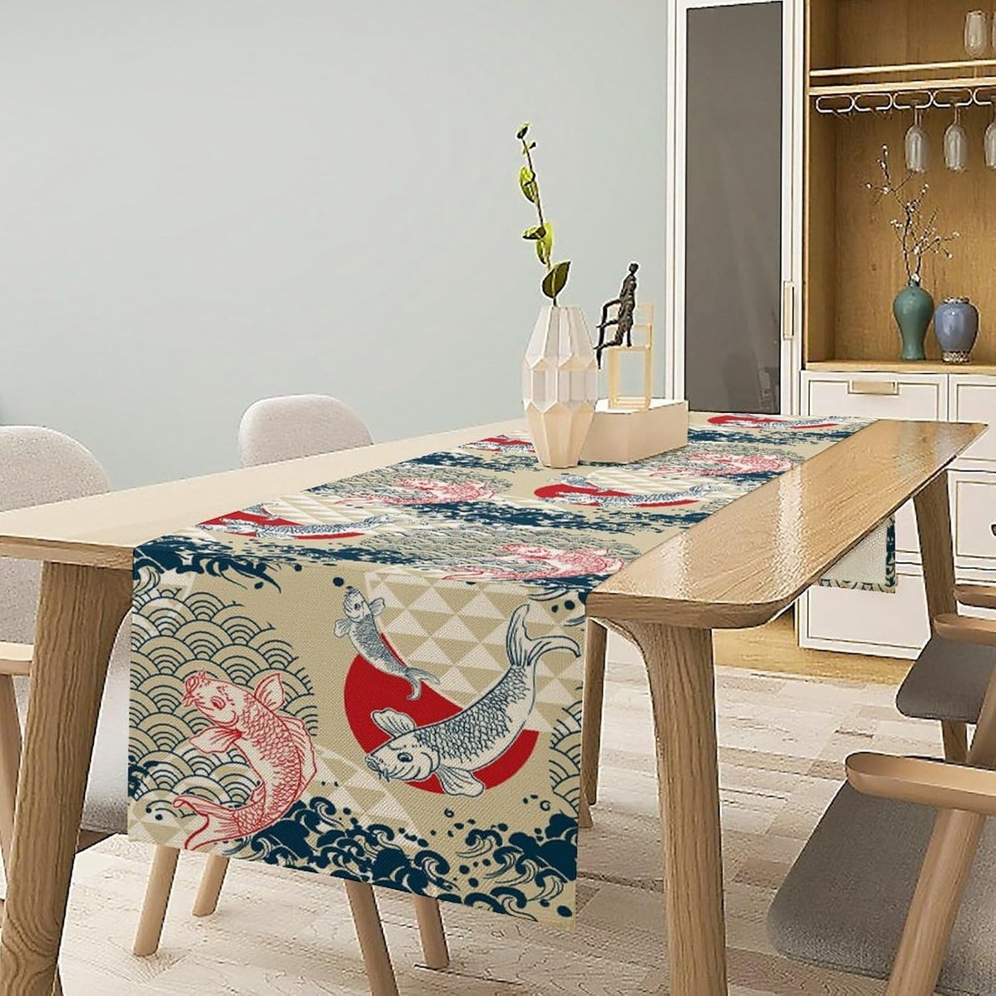Japanese Table Runner Oriental Tradition Kio Fish Art Printed Burlap Runner Home Kitchen Dining Table Living Room Decor Fabric 1 Panel W13xL108in