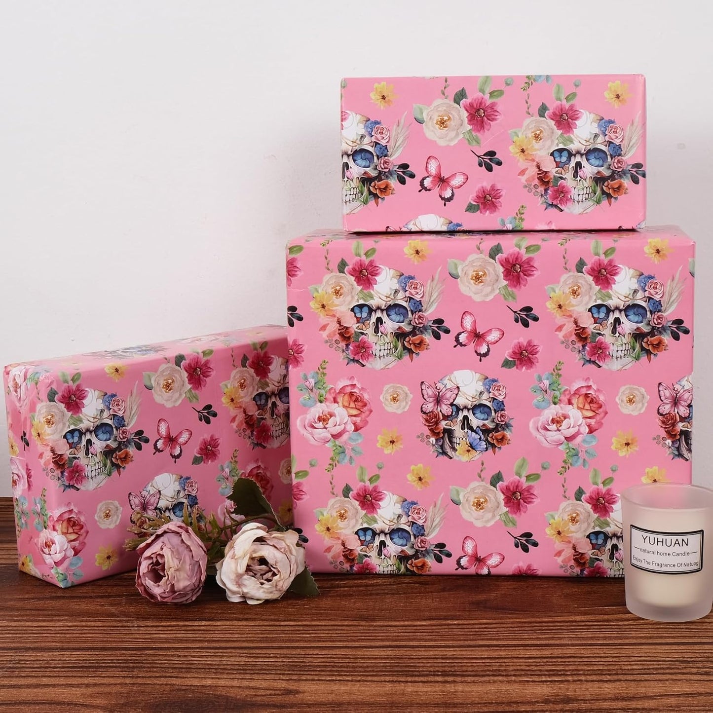 Aimyoo Gothic Wrapping Paper Roll, 17 Inch X 16.5 Feet Skull Floral Butterfly Design Gift Wrap Paper for Mother's Day, Birthday Bridal Shower