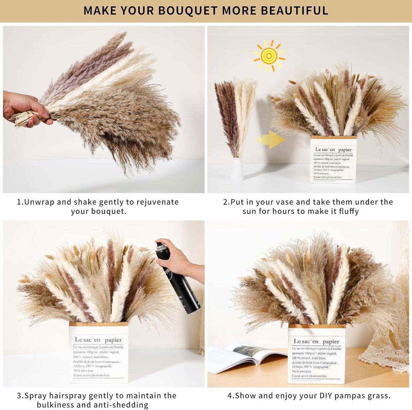 135Pcs Dried Pampas Grass Decor, Boho Home Decor, Mini Bunny Tails Dried Flowers, Fluffy Pompous Grass Bouquet Bulk for Wedding, Table, Rustic Party, Baby Shower Decorations