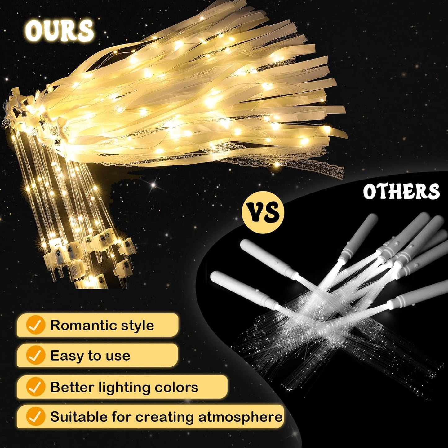 25 Pcs Wedding Wands Ribbon Streamers with 3 Colorful Flashing Modes, Light up LED Silk Fairy Wands, Glow Lace Stick with Bells for Wedding Reception, Graduation, New Year, Birthday Party (Warm White)