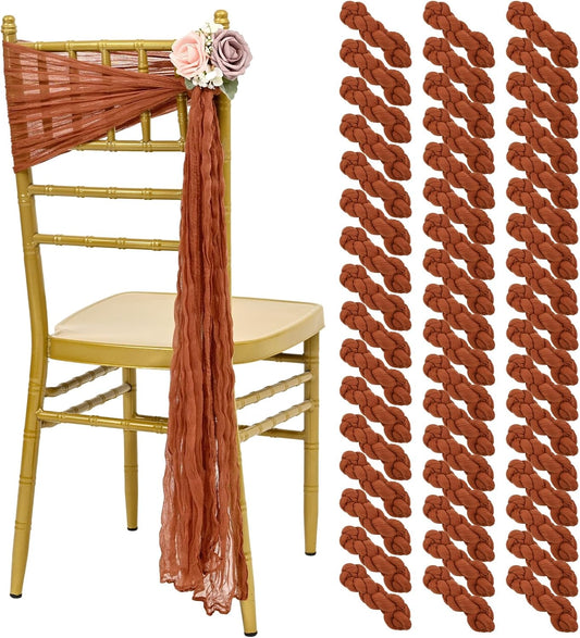 50 PCS Cheesecloth Chair Sashes, Bows Designed ChairSashes, 15.7x108 inch Chair Sashes for Aisle Decorations Universal Chairs Cover Decoration for Wedding Reception Party Banquet (Terracotta)