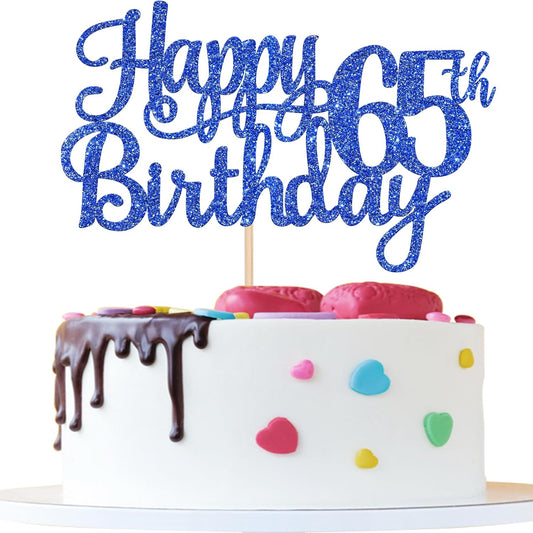 1 PCS Happy 65th Birthday Cake Topper Glitter Cheers to 65 Years Birthday Cake Pick Sixty Five 65 Fabulous Cake Decoration for Happy 65th Birthday Theme Party Decorations Supplies Blue