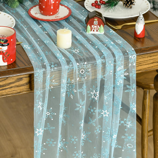 Artoid Mode Blue Snowflakes Christmas Gauze Table Runner 120 Inch 10FT, Winter Seasonal Sheer Dining Holiday Wedding Table Decor for Home Party