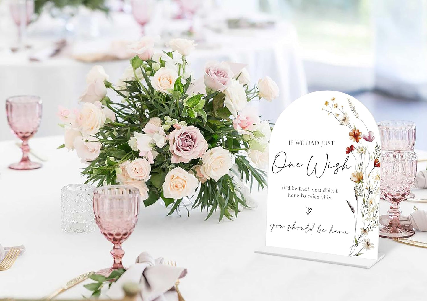 Boho Floral Wedding Memorial Sign, 6 x 8 Inch White Arch Acrylic Wedding Sign with Holder, Wedding Decoration, Wedding Supplies