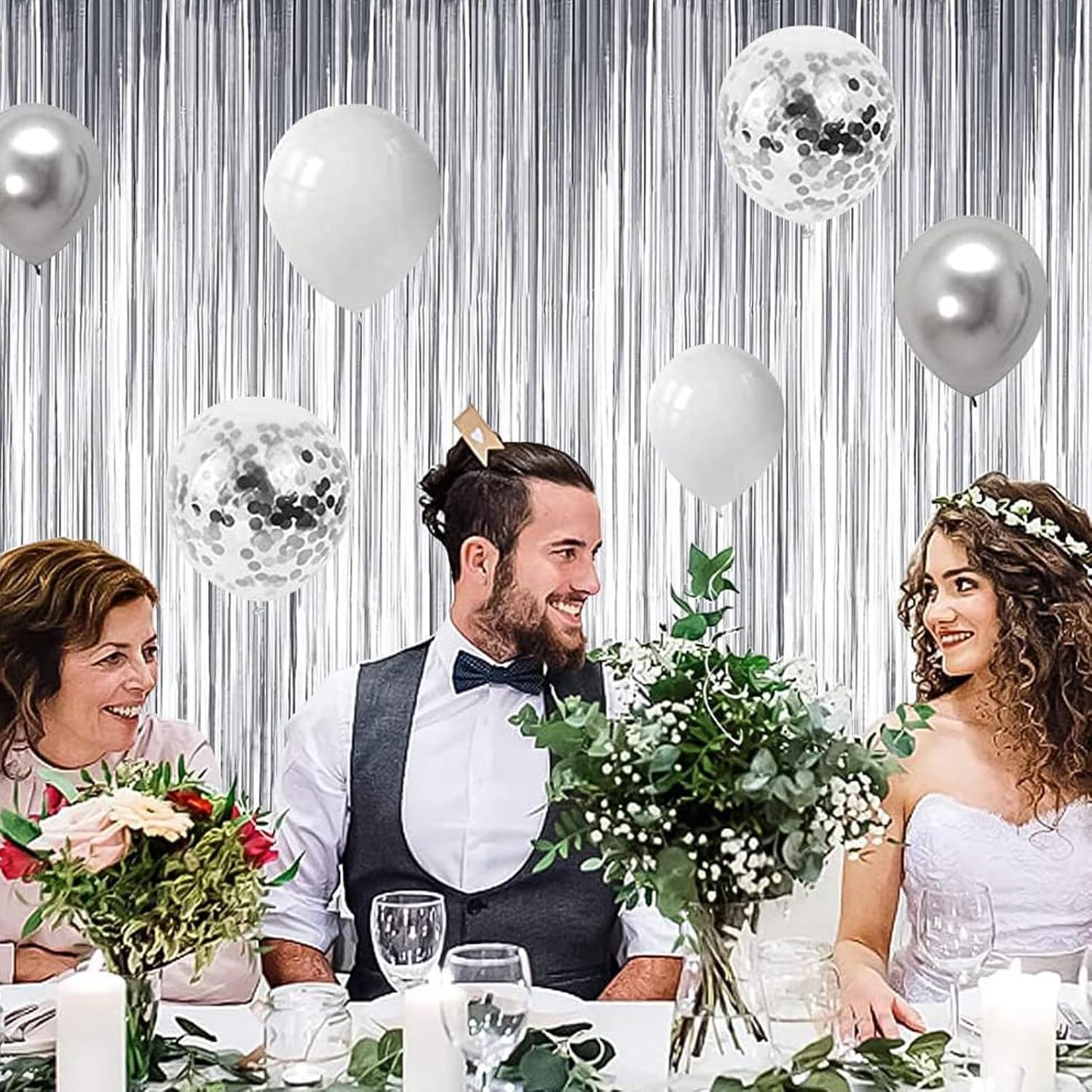 BEISHIDA 4 Pcs Silver Door Streamers Tinsel Curtain Party Streamers Backdrop Fringe Foil Wall Background for Birthday Halloween Christmas Wedding Party Decoration(3.28 ft x 6.56 ft)