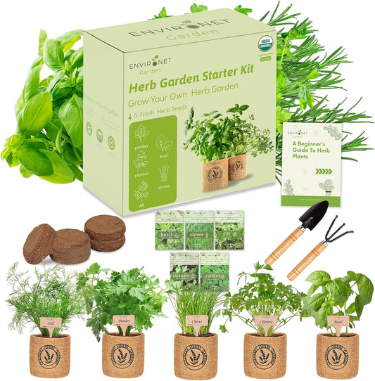 5 Herb Indoor Garden Kit-Burlap Pots, Organic Seeds & Complete Growing Herb Garden Set, Easy Kitchen Garden, Unique Seeds Starter kit, Basil, Parsley, Chives, Cilantro, Dill