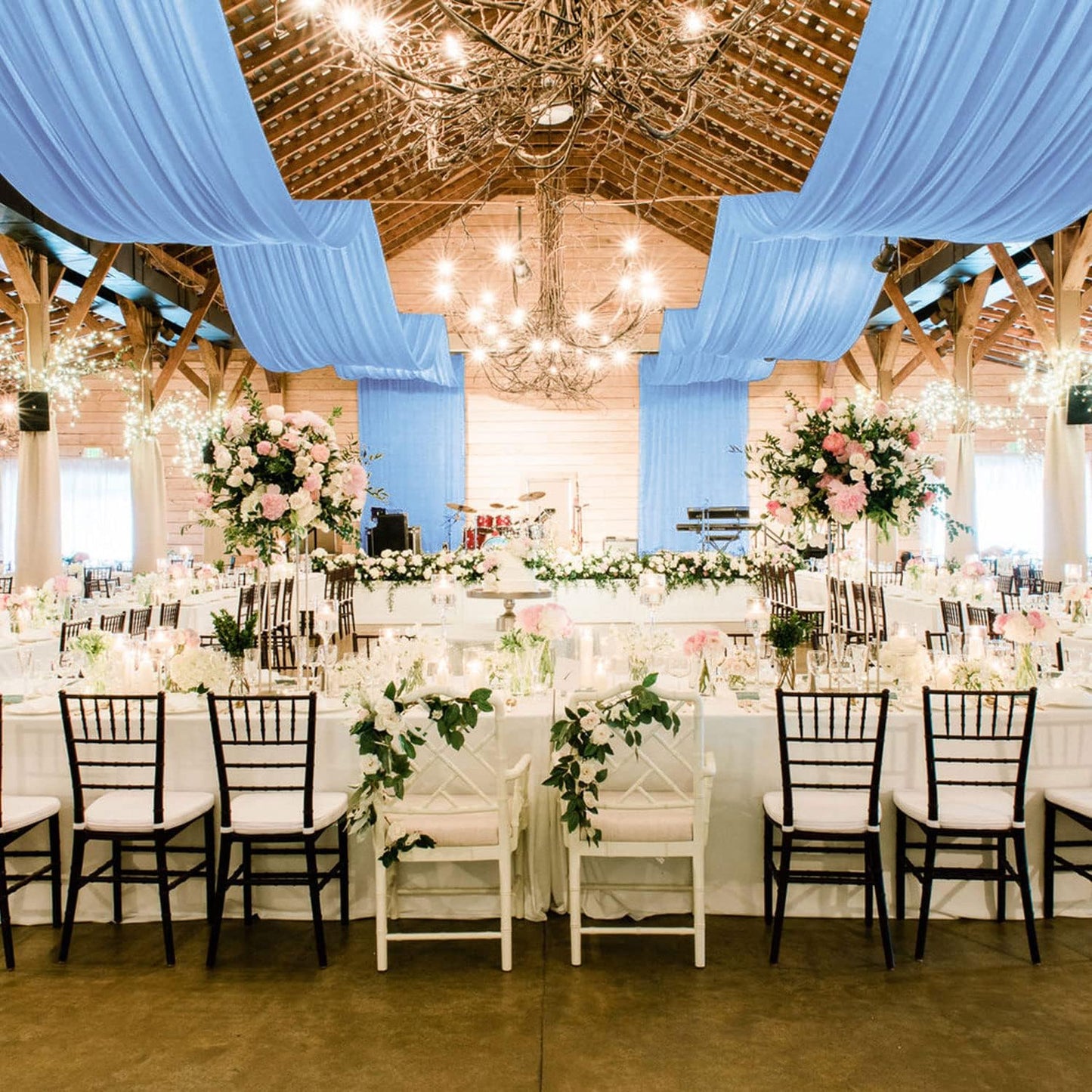 MODFUNS Wedding Drapes Ceiling Decorations Baby Blue Wedding Arch Drapes 5FTx20FT 2 Panels Chiffon Sheer Ceiling Curtain Tulle Curtain for Party Sheer Arbor Drapery Canpoy Tent Ceiling Backdrop