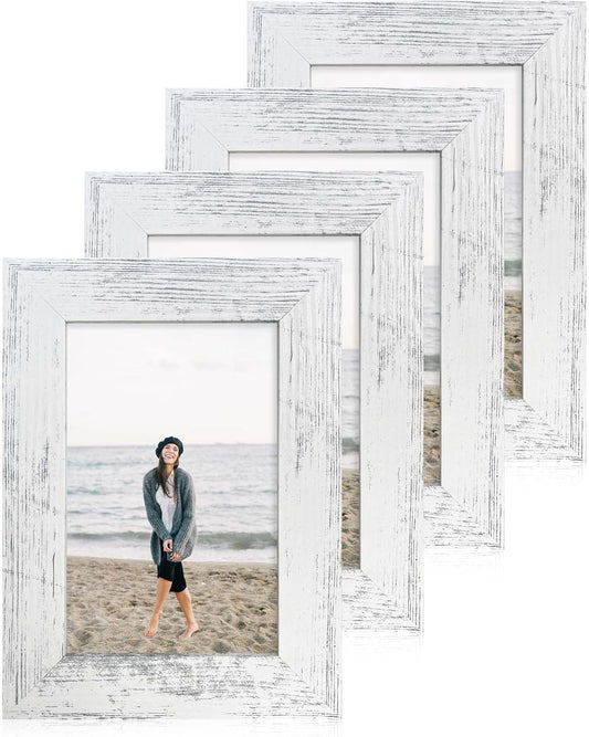 4x6 Picture Frame Set of 4, High Definition Glass Distressed White Frame, 4 x 6 Wood Photo Frames for Tabletop Display and Wall Mounting