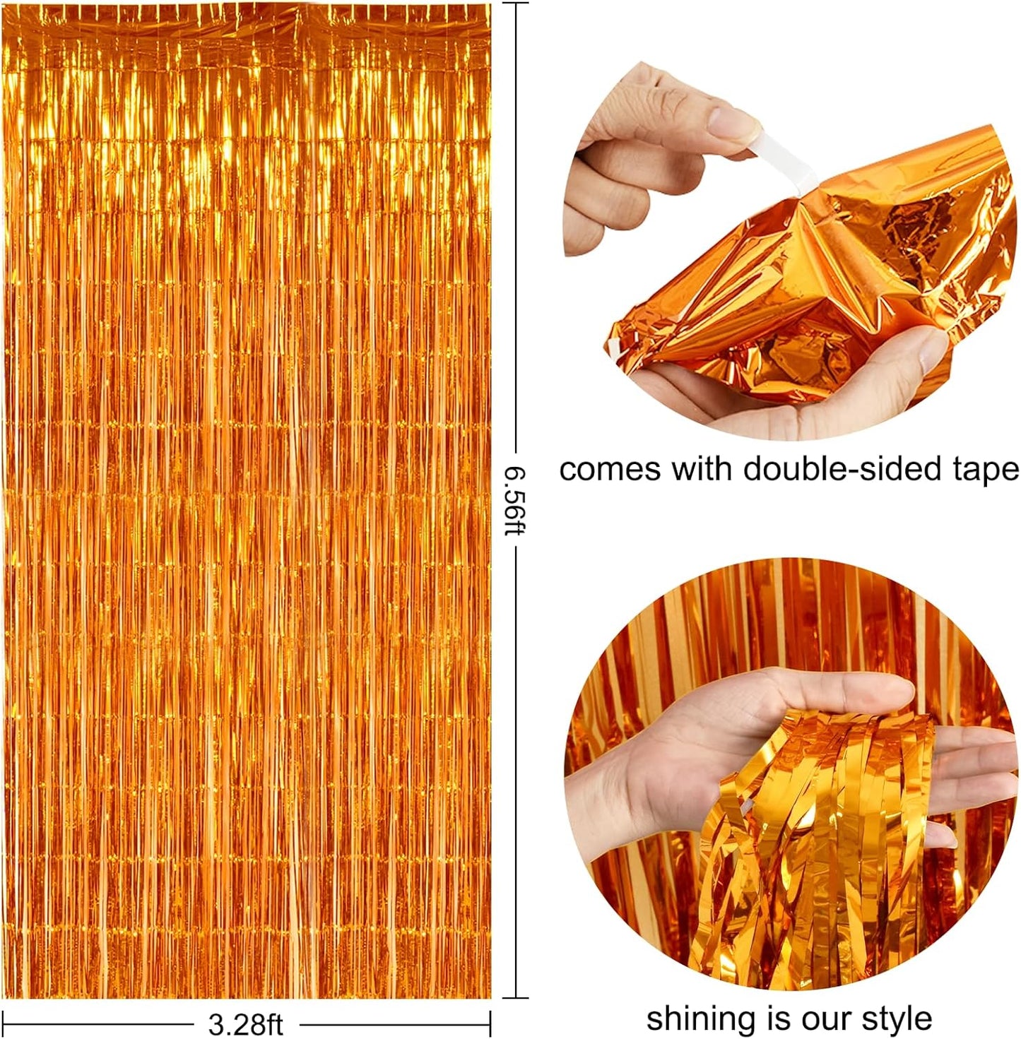 TONIFUL 3Pcs Orange Door Streamers,Photo Booth Backdrop Metallic Streamers Foil Fringe Curtains for Halloween Thanksgiving New Year Bachelorette Birthday Party Streamers Decor(9.9ft x 6.6ft)