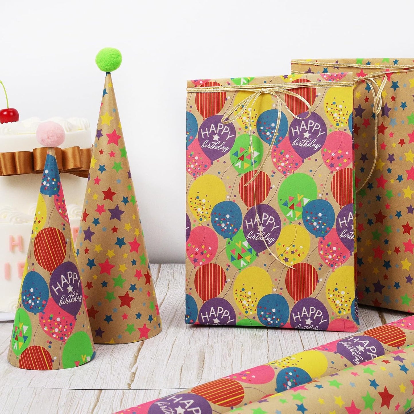 LaRibbons Birthday Wrapping Paper Roll for Kids, 30 Inch x 33 Feet (83 sq. ft. ttl.) Kraft Gift Wrap Paper with Colorful Balloon Pattern for Baby Shower Holiday Party