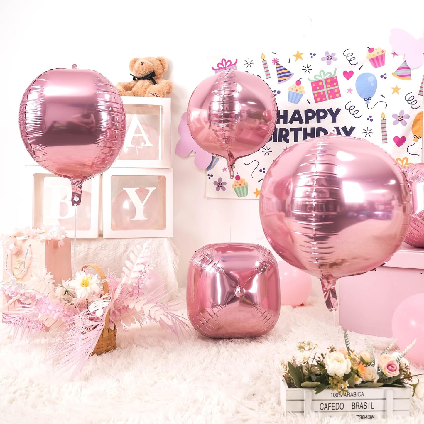 Giant 4D Pink Foil Balloons, 6Pcs Large Metallic Pink Round Balloons, 22 Inch Big Round Foil Balloon for Pink Birthday Party Baby Shower Wedding Decorations
