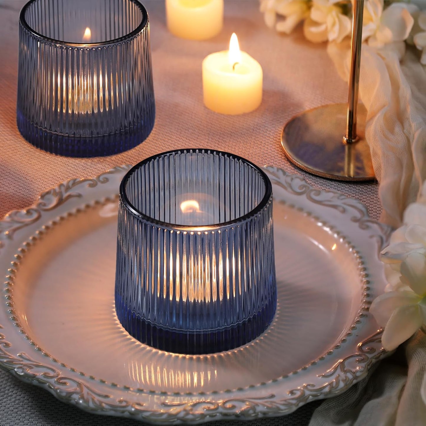DARJEN Blue Ribbed Tealight Votive Candle Holders- 6Pack Glass Candle Holders for Table Centerpiece, Wedding Decor, Home Decor, Party Dinner