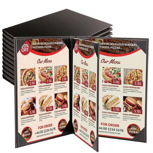 Premium Leather Menu Covers - Set of 10 Double-Sided Table Tent Cards for Restaurant, Dinner Party, and Bar Menus - Includes Bill Holder and Reserved Seating Signs - Easy to Clean and Foldable