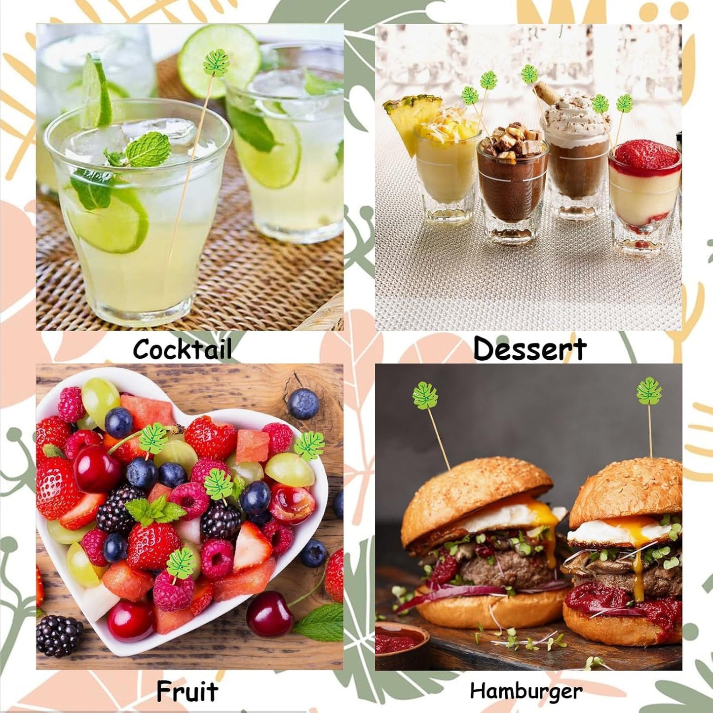 120 Pcs Monstera Leaf Cocktail Picks 4.7" Drinks Fruits Hawaiian Party Food Garnish Skewer Sticks St. Patrick's Day Decorations Supplies Cowboy Handmade Bamboo Toothpicks