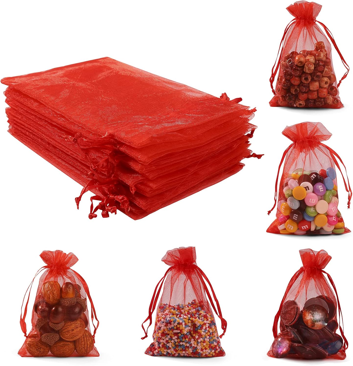 ANZNKU 50 Pack Organza Bags 4 x 6 inch Premium Sheer Mesh Bags for Candy Jewelry Party Wedding Christmas Favor Gift Bag (Red)