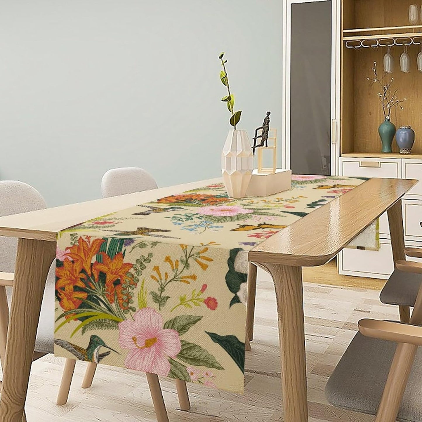 Brown Bird Floral Table Runner Spring Flower Kitchen Table Decoration Suitable for Family Dinner Decoration 13x70 Inch