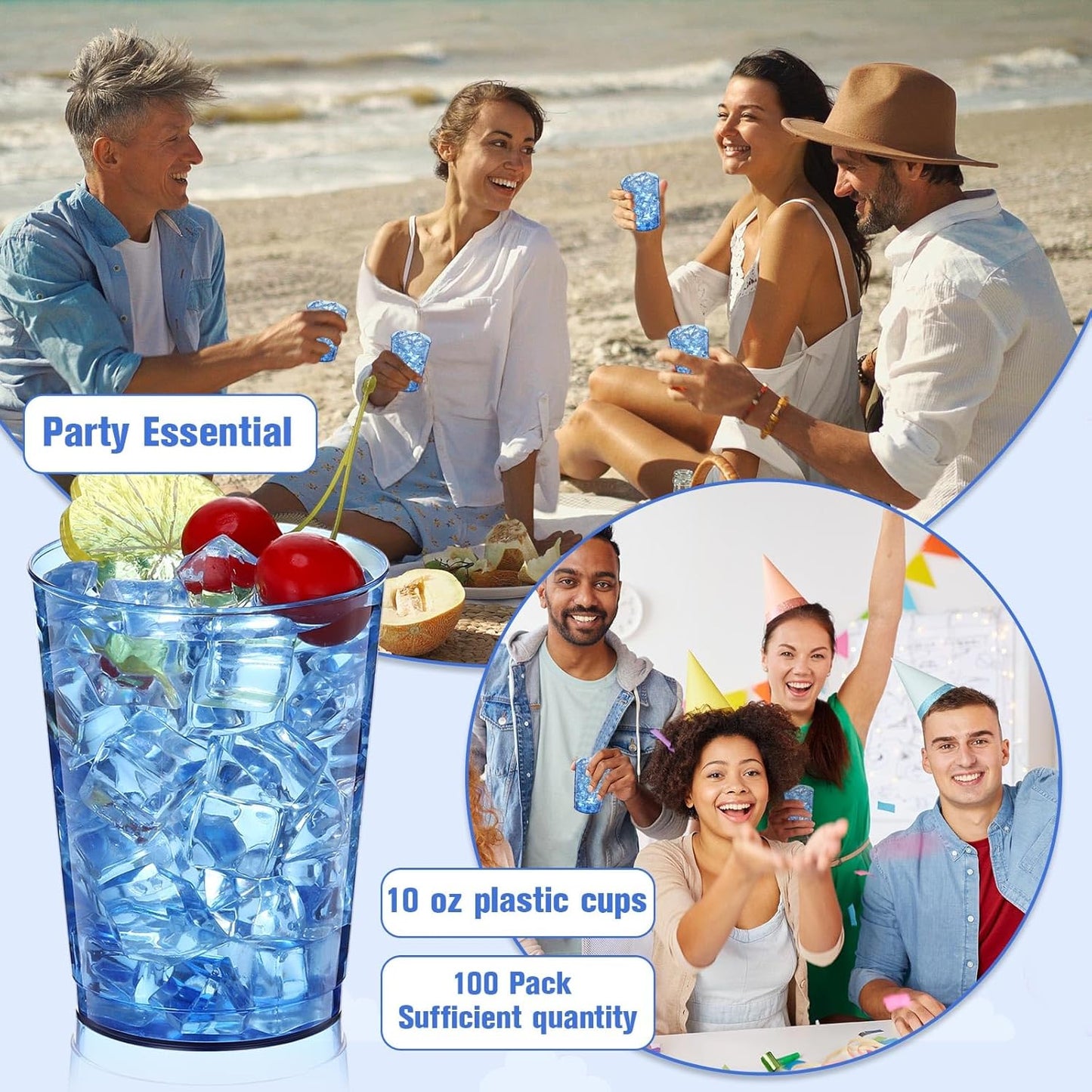 Minatee 100 Count Plastic Cups Disposable Fancy Cups Heavy Duty Wine Cocktail Glasses for Halloween Wedding Christmas Birthday Party Supplies Plastic Drinking Tumblers(Blue,10 oz)