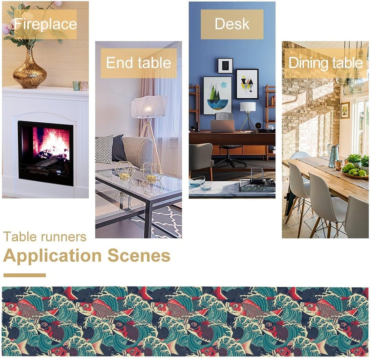 Kio Fish Table Runner Waves Japanese Tradition Art Printed Burlap Runner Home Kitchen Dining Table Living Room Decor Fabric 1 Panel W13xL120in