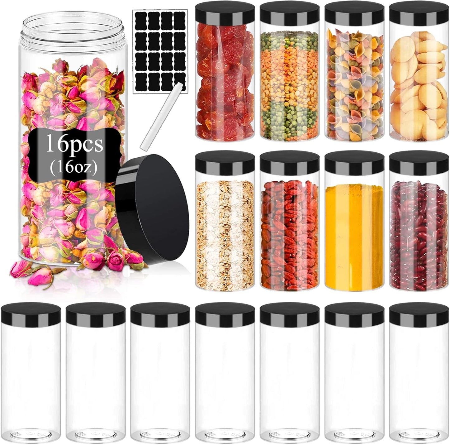 Plastic Jars with Lids 16OZ 16PCS Small Empty Slime Cosmetics Containers Clear Gift Food Jars Round PET Cream Jars with Black Lids Pen Labels for Kitchen Storage Spices Dry Food Butter