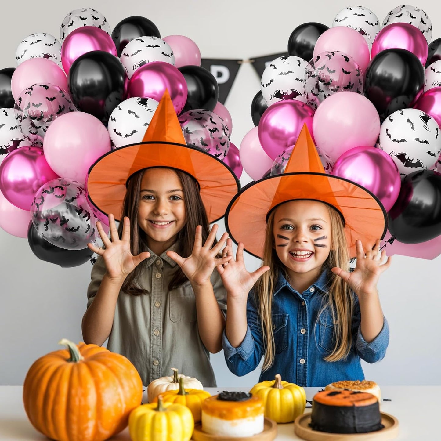 Pink Halloween Balloons Set, 50PCS 12 Inch Bat Confetti Balloon Pastel Metallic Pink and Black Party Balloon Bat Printed Helium for Girls Adults BOO Halloween Birthday Party Decorations Indoor Outdoor
