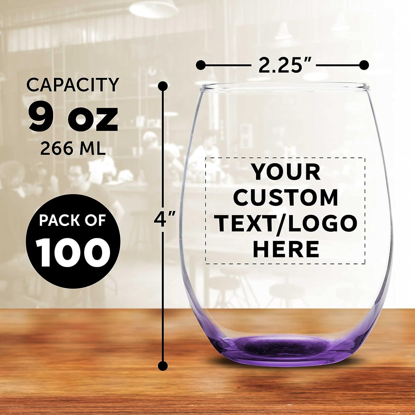 Custom Stemless Wine Glass 9 oz. Set of 100, Personalized Bulk Pack - Great for Wedding Favors, Bachelorette Party Decorations, Party Favors, Color Bottom - Purple