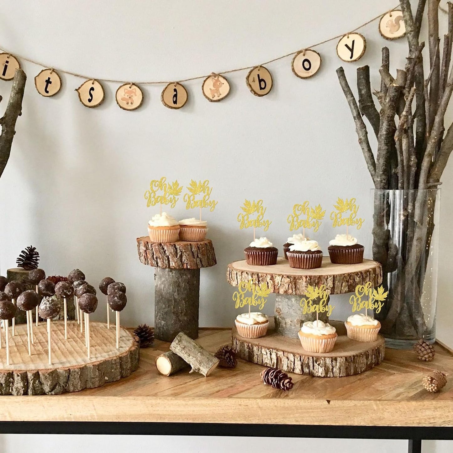 24 PCS Maple Leaf Oh Baby Cupcake Toppers Glitter Fall Baby Shower Cupcake Picks for Thanksgiving Theme Baby Shower Kids Boys Girls Birthday Party Cake Decorations Supplies Gold