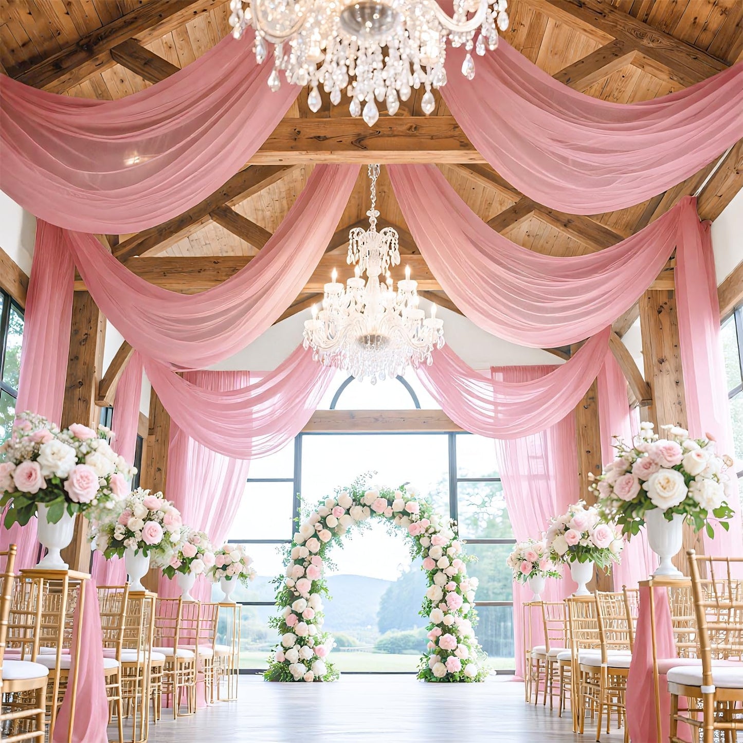 FUHSY Wedding Ceiling Drapes Sheer Fabric for Draping 2 Panels 5x20 FT Dusty Rose Backdrop Curtains for Party Wedding Arch Draping Fabric Chiffon Ceiling Curtains for Outdoor Wedding Ceremony