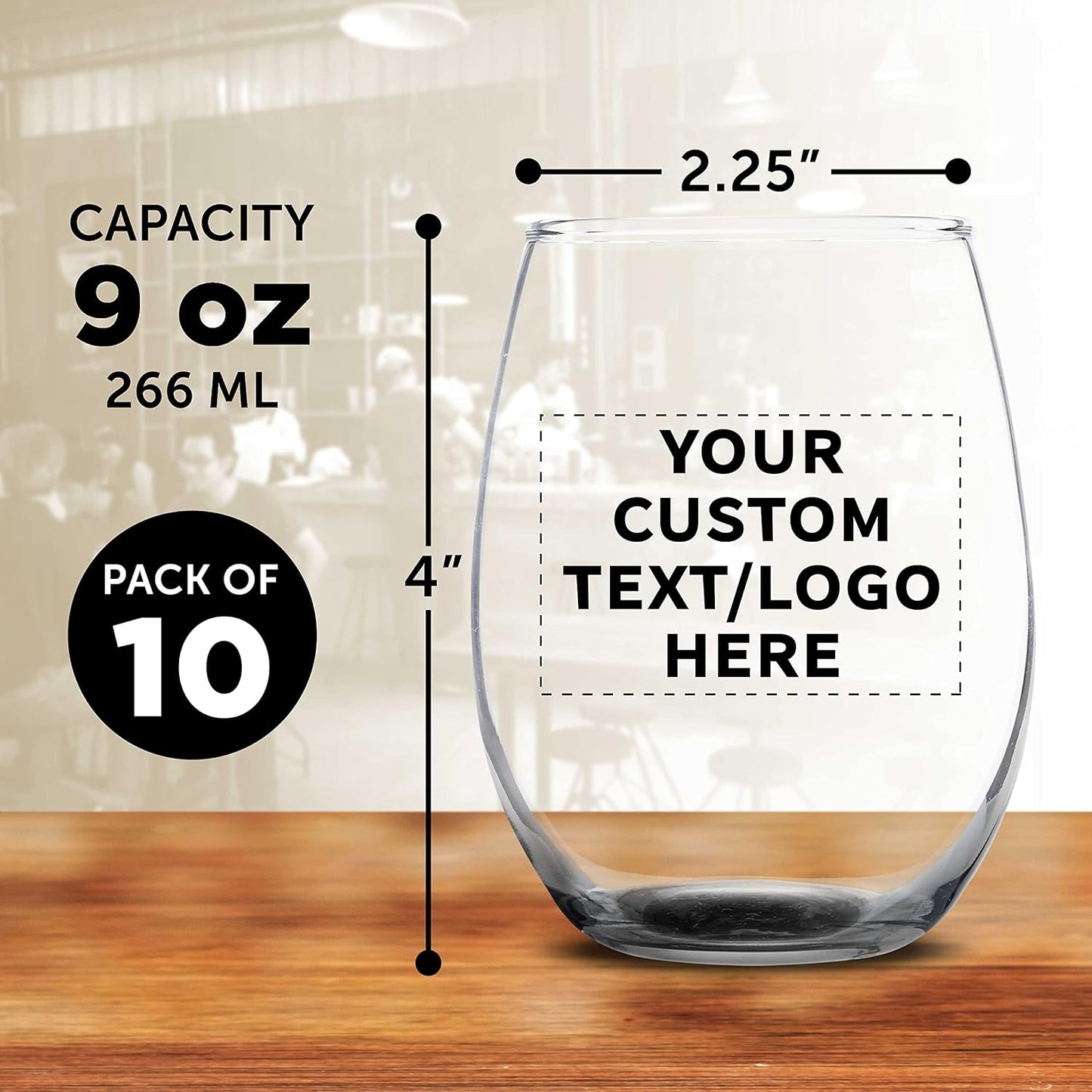 DISCOUNT PROMOS Custom Stemless Wine Glass 9 oz. Set of 10, Personalized Bulk Pack - Great for Wedding Favors, Bachelorette Party Decorations, Party Favors, Color Bottom - Black