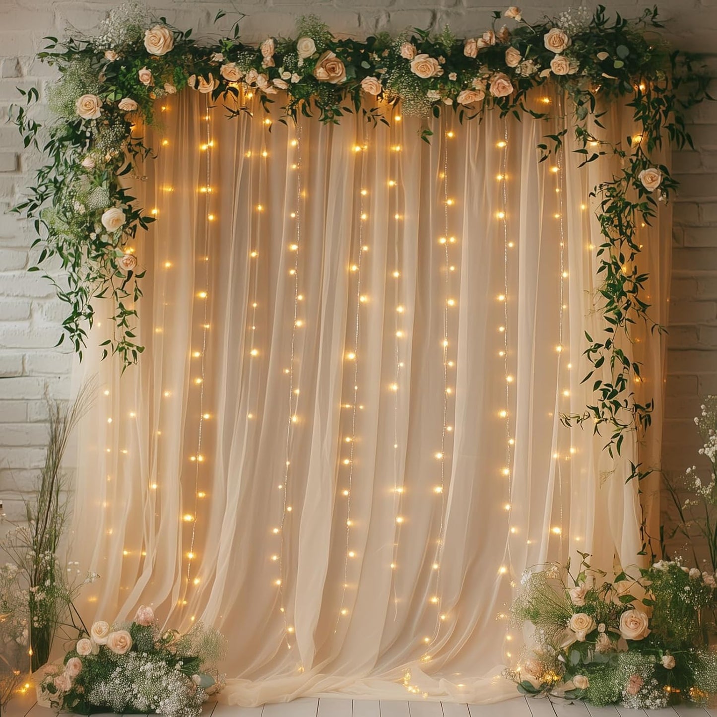 Champagne Tulle Backdrop Curtain with Lights String - 10x8ft Sheer Backdrop with 250 LEDs for Wedding, Baby Shower, Bridal Shower, Birthday Party Photo Shoot Background and Home Decorations