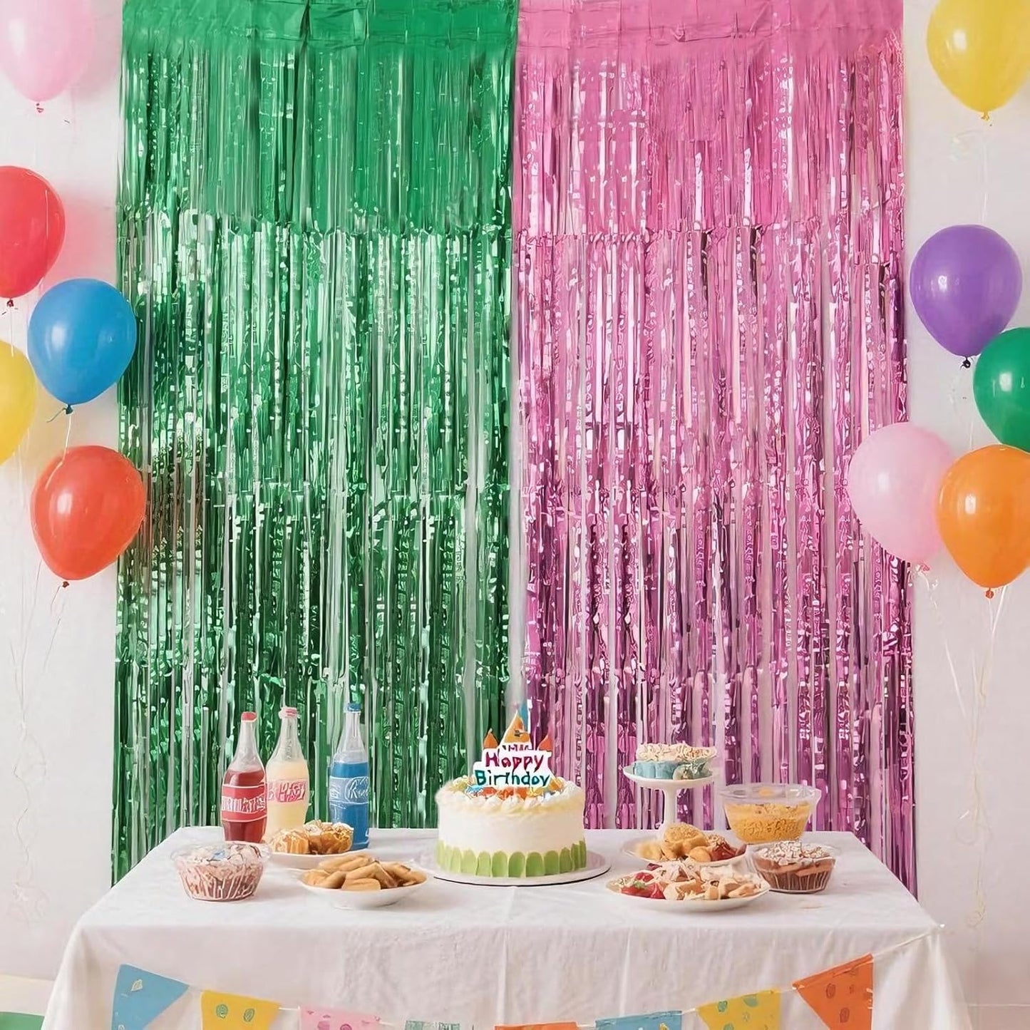 CANREVEL 2 Pack 3.3x6.6 Feet Pink and Green Foil Fringe Backdrop Curtains, Tinsel Streamers for Wicked Witch Merch Decor Birthday Party, Graduation, Halloween Party Decorations