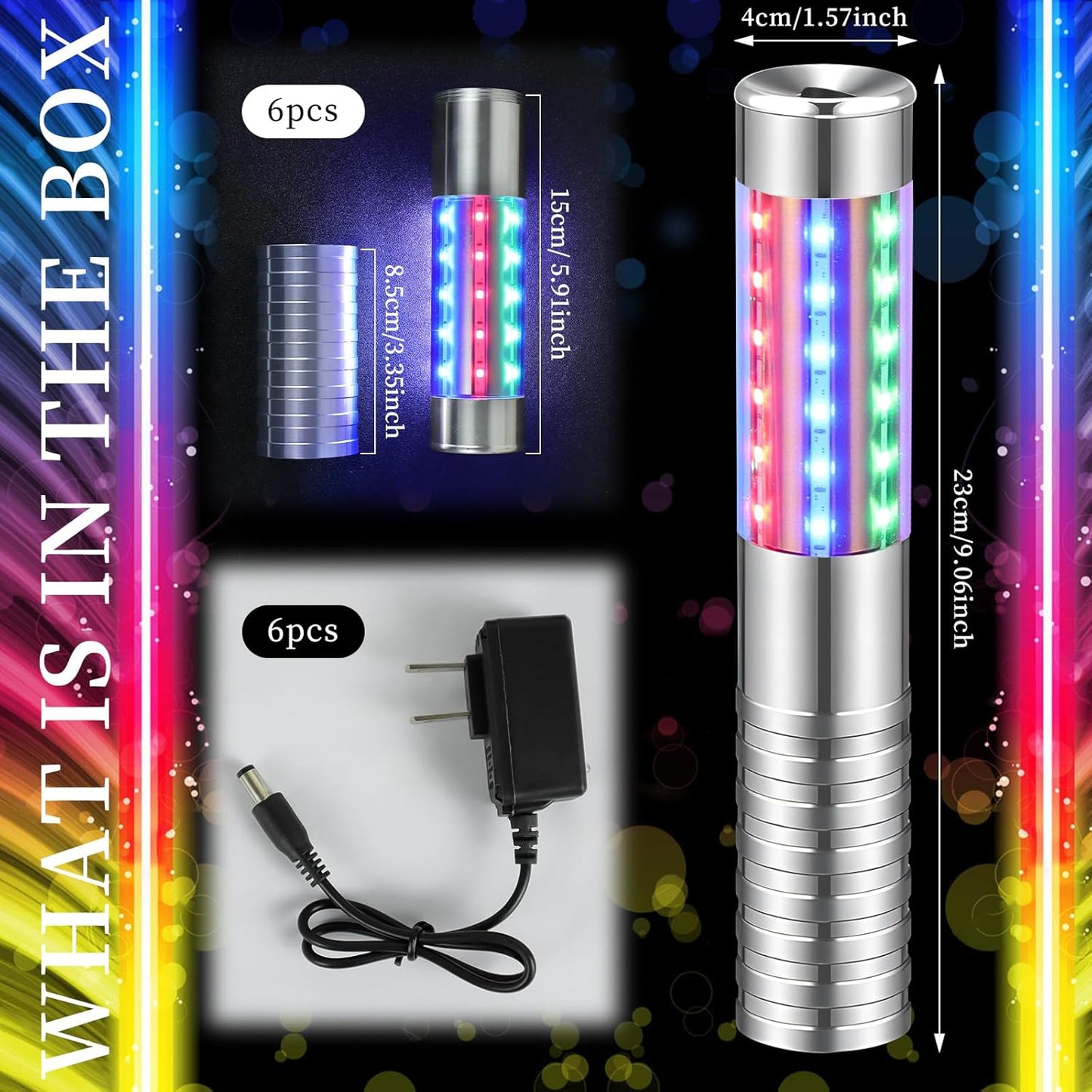 6 Pieces RGB LED Strobe Baton Light Rechargeable Bottle Service Sparklers Stick Reusable Champagne Bottle Handheld LED for Club Stage Nightclub Party Concert Event Bar Outdoor - Silver