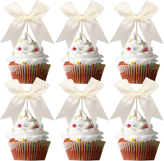 24 PCS Bow Cupcake Toppers Bowknot Coquette Bow Girls Birthday Cake Decorations Bow Cake Toppers Bowknot Cupcake Picks for Baby Shower Birthday Wedding Bridal Engagement Party Supplies Beige