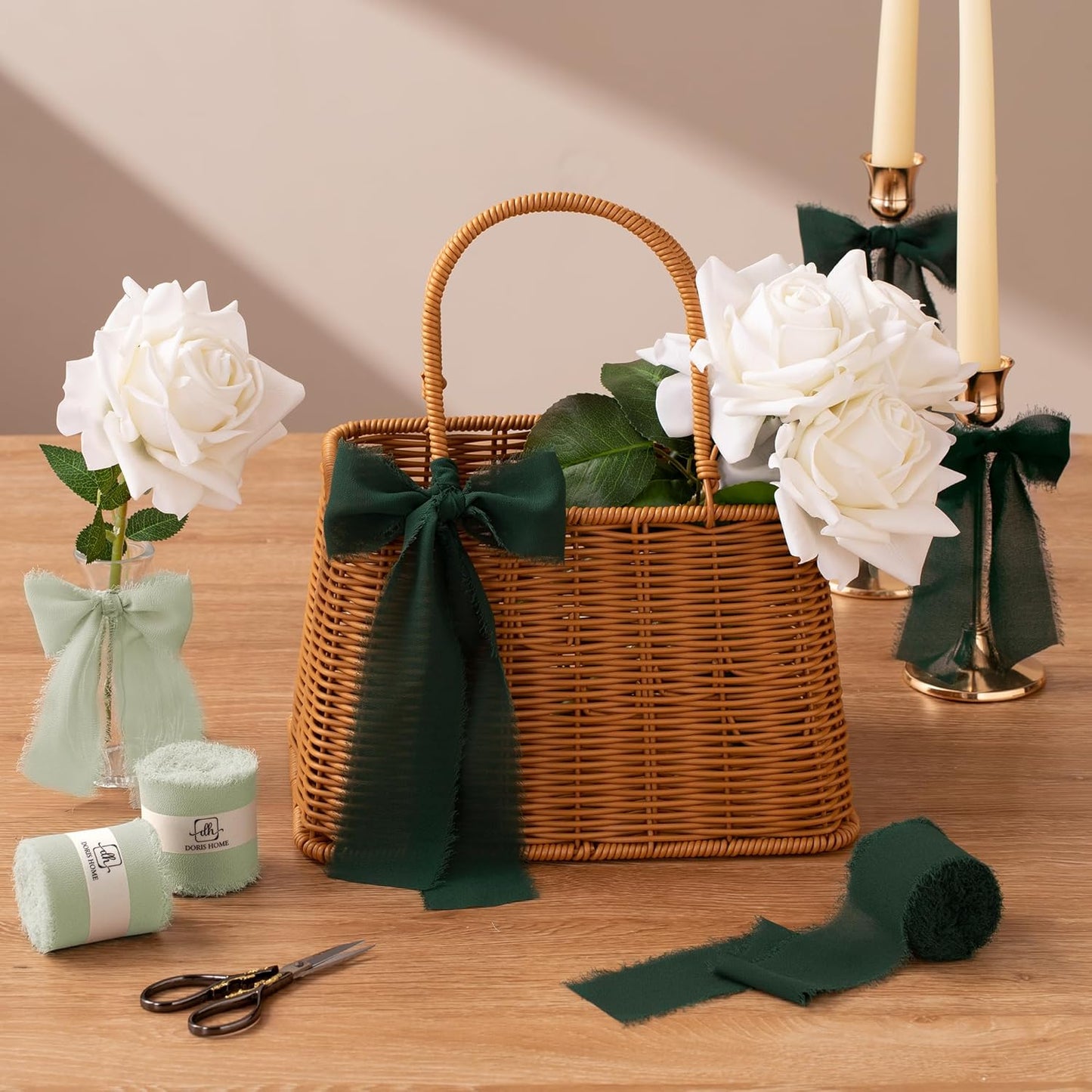 DORIS HOME Sage Green Chiffon Ribbon for Flower Bouquet, 2" x21Yd Fabric Ribbon for Gift Wrapping, Handmade Frayed Ribbon for Wedding/Christmas Decorations