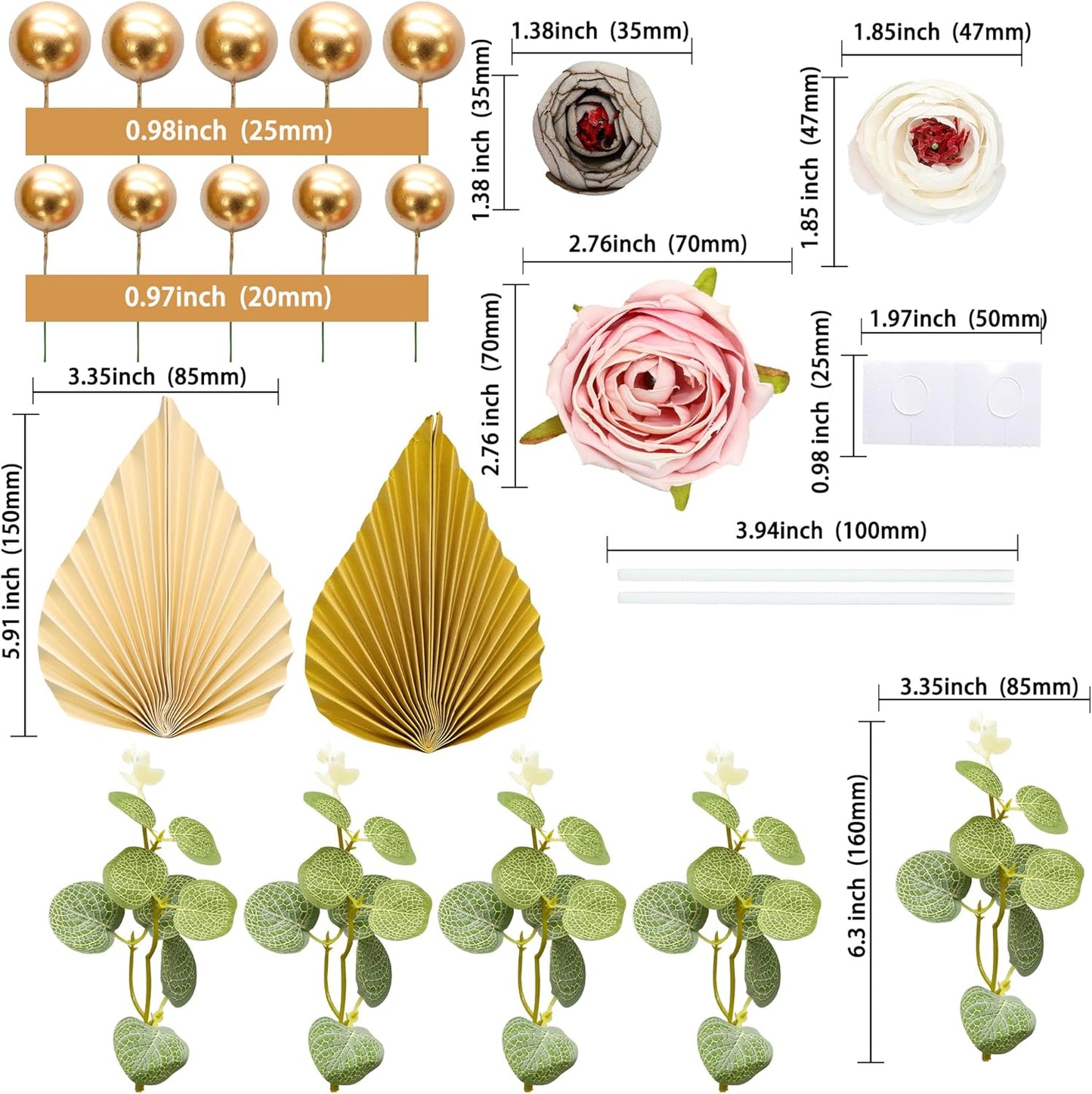 Gyufise 22Pcs Rose Artificial Flower Leaves Cake Topper Decorations Gold Balloon Cake Toppers Leaf Paper Palm Fan Cake Picks for DIY Wedding Birthday Valentine's Day Party Decorations Supplies Beige