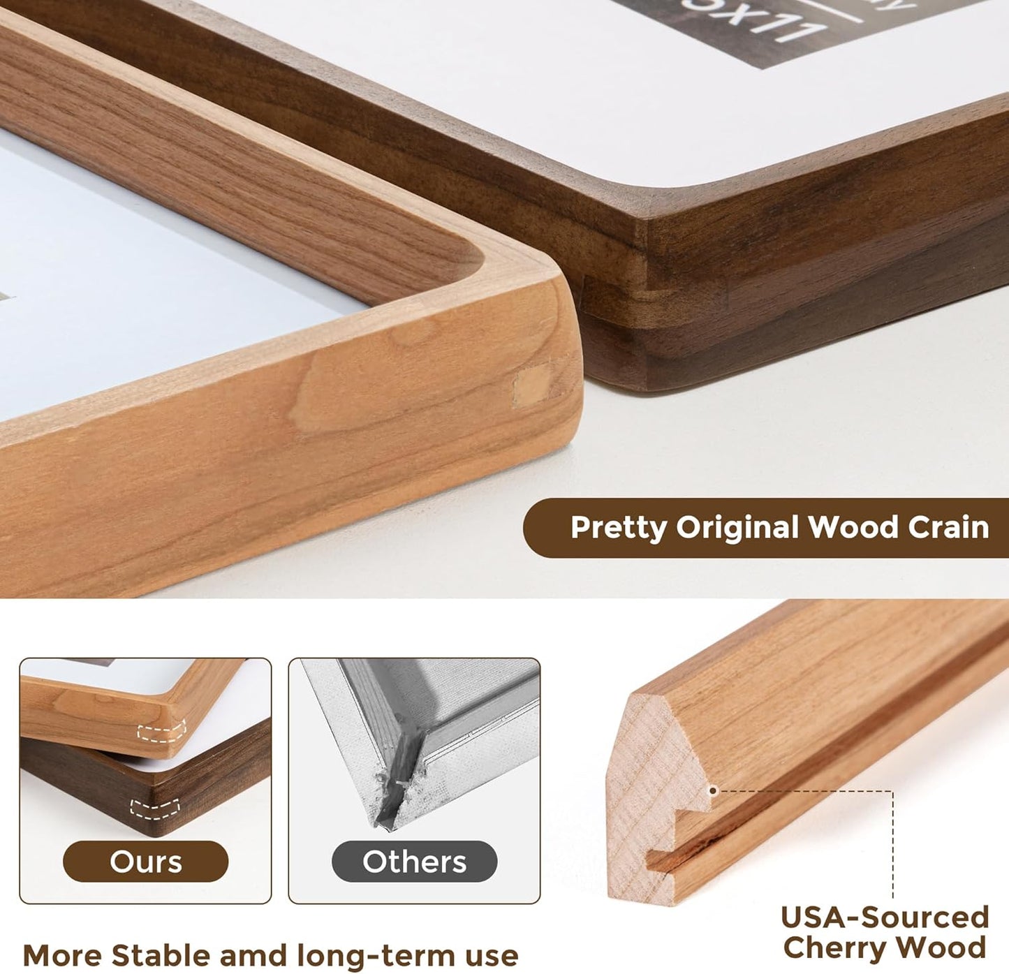 16x16 Picture Frame USA-Sourced Natural Cherry Wood Solid Original Wood Photo Frame Rounded Corner with Mat to 12x12 Picture Display with Real Glass Family, Wedding Picture, Photo, Certificate