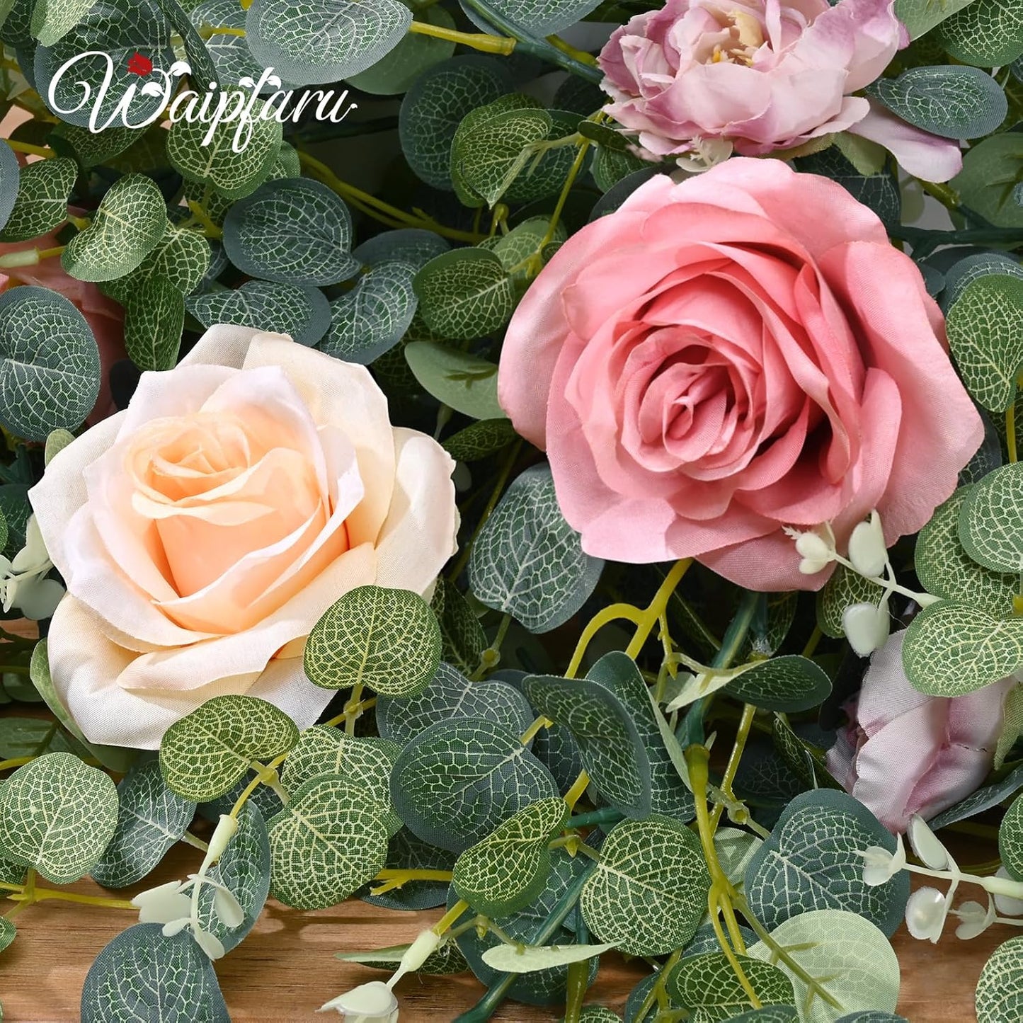 Waipfaru 8.85Ft Flower Garland, Eucalyptus Greenery Garland with Flowers, Pink Rose Floral Vines for Wedding Reception Table Mantle Room Spring Summer Decor (Pink)