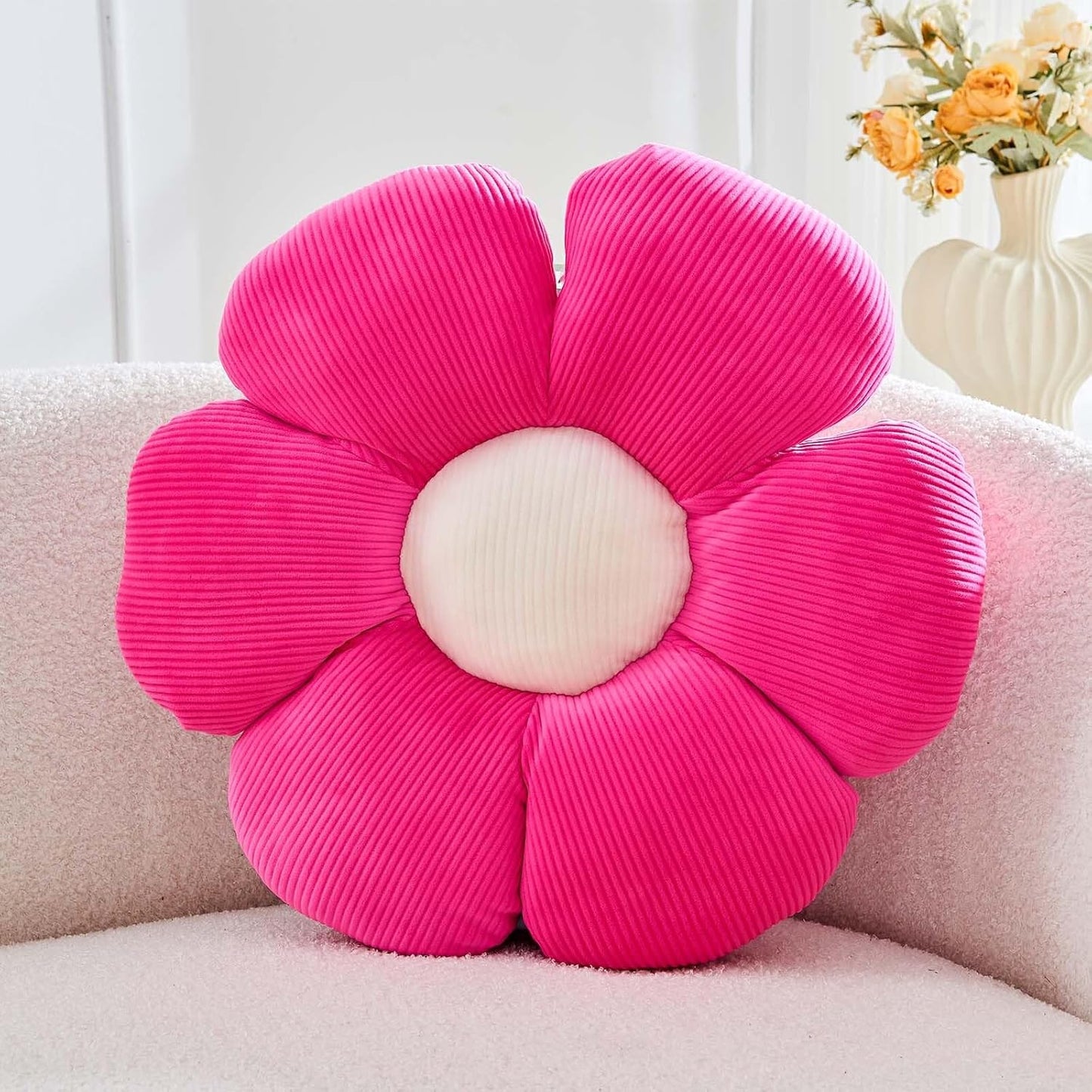 Hot Pink Flower Pillow, 17.7" Cute Flower Shaped Floor Pillow, Aesthetic Floral Plush Daisy Decorative Throw Pillows for Bed Sofa Couch