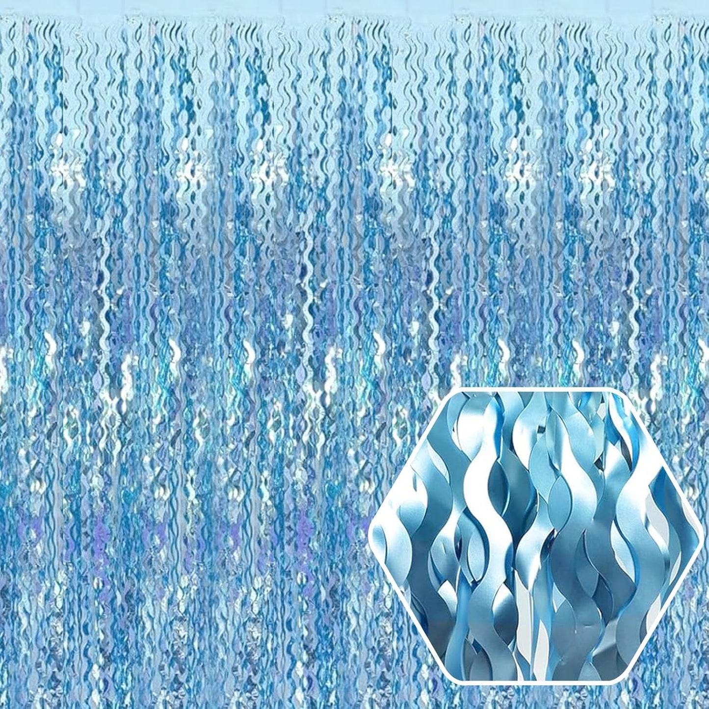 4 Pack Light Blue Wave Foil Fringe Curtain Backdrop, 3.28Ft x 8.2Ft Metallic Tinsel Foil Fringe Streamer Curtains for Photo Booth, Mother's Day, Easter, Birthday, Wedding Party Decoration