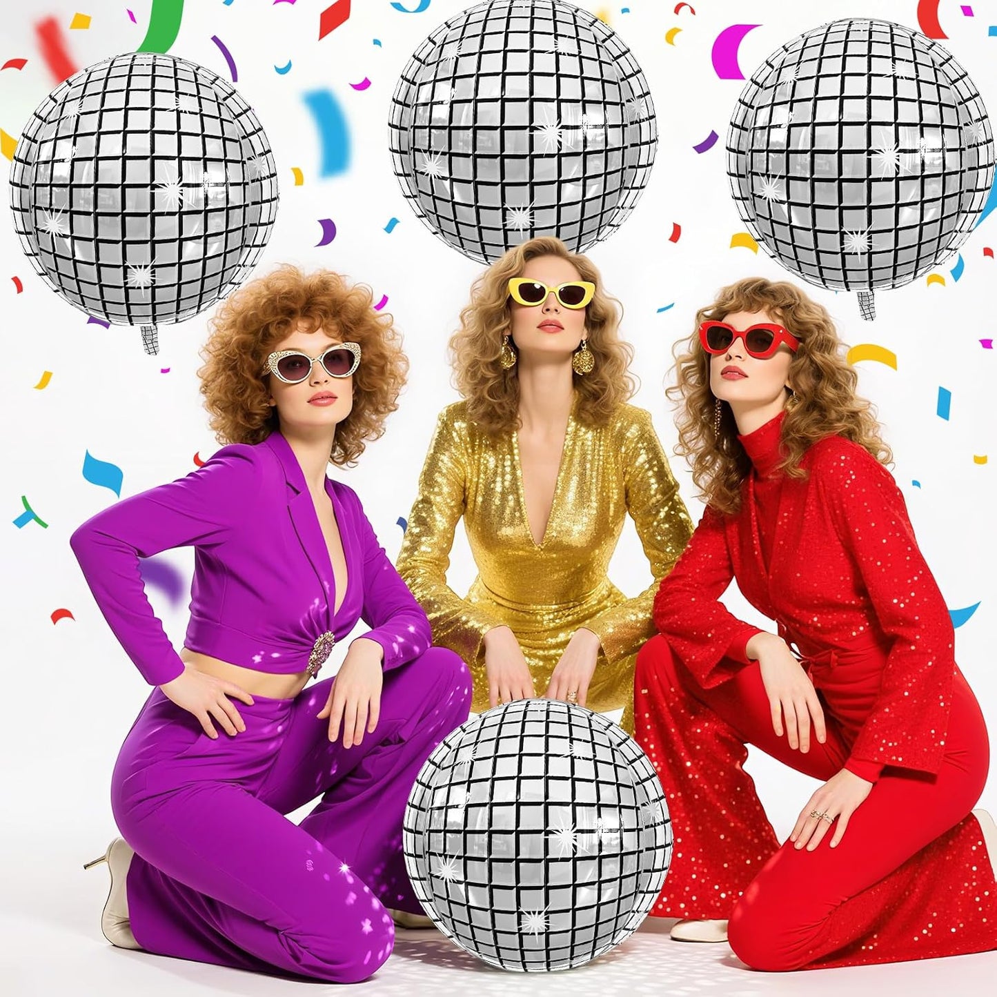 Disco Ball Balloons 4PC,Foil Disco Balloons 22 Inch 4D Round Metallic Silver Balloon for 70s 80s Birthday Bachelorette Graduation Decorations